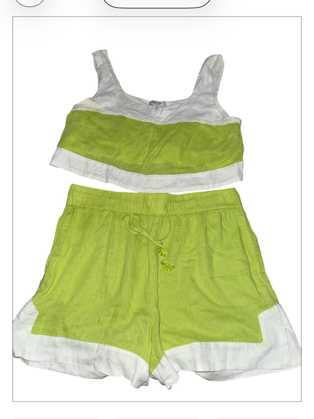 NWT Lime Green and White Two-Piece Crop Top & Shorts Set with Pockets